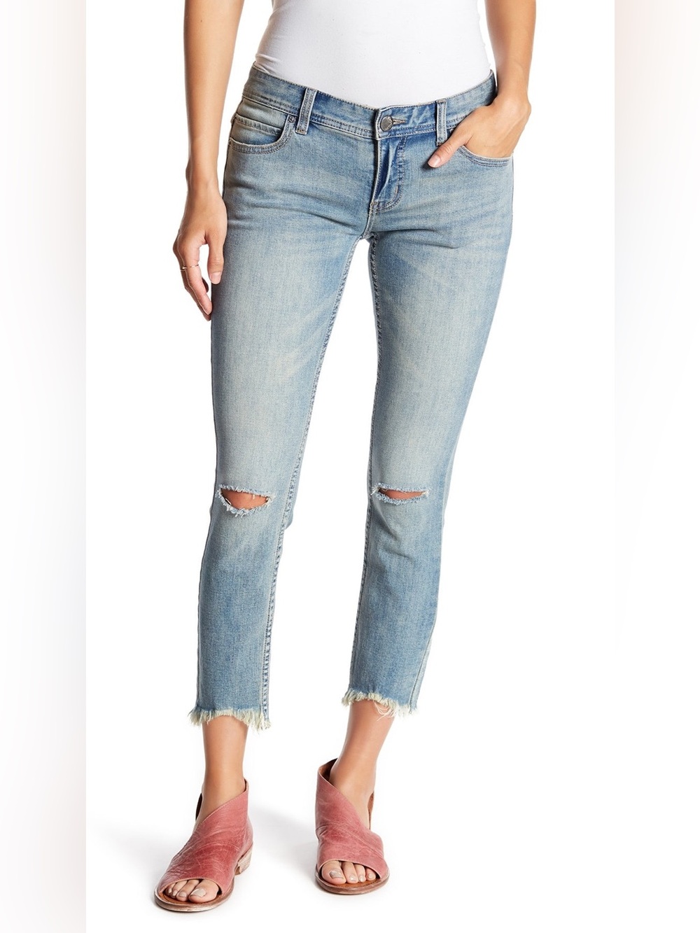 Free People Light Blue Cropped Jeans with Frayed Hem
